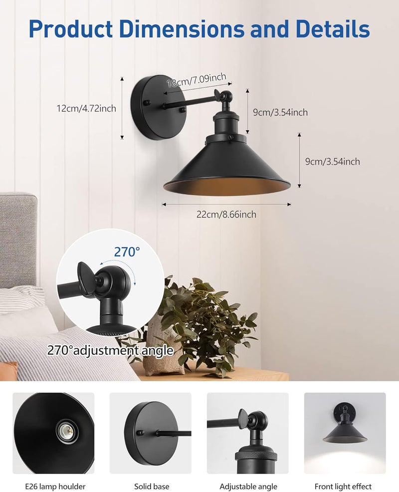 Bailoch Black Vintage Wireless Battery Operated Wall Sconces, Industrial Cordless Battery Powered Led Wall Lights Set of 2, Wall Lamp Fixture Indoor with Remote Control for Bedroom Farmhouse Gallery - Image 2